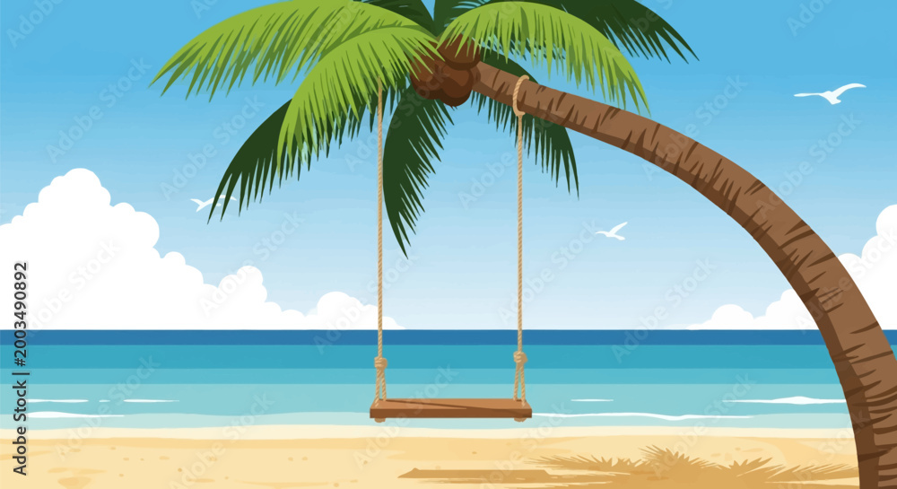Fototapeta premium Vector illustration of a wooden swing hanging from a curved palm tree on a tropical beach with turquoise ocean water, white sand, blue sky with clouds and flying seagulls in distance.