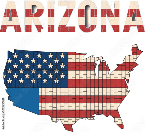 Arizona typography and USA map filled with American flag mosaic in bold patriotic style