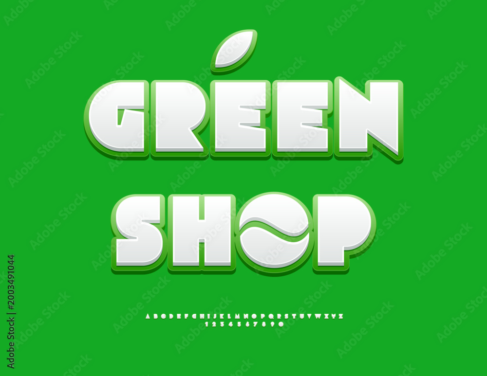Naklejka premium Vector Modern signboard Green Shop. Big Geometric Font. Abstract style Alphabet Letters and Numbers set.