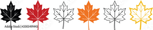 Stylized maple leaves in varying colors and styles