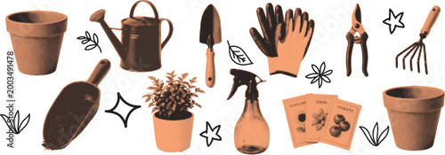 halftone pop art gardening tools set with watering can shovel gloves and plant pot collection