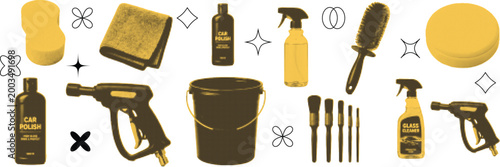 halftone pop art cleaning supplies set with spray bottle gloves bucket and household cleaning tools collection