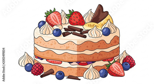 A colorful illustration of a layered cake adorned with strawberries blueberries raspberries chocolate and cream on top vector