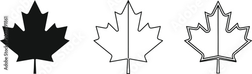Three maple leaf variations solid outline and shaded