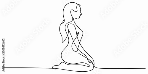 Continuous single line drawing of a beautiful woman sitting in a peaceful pose on the floor as a simple minimalist artistic sketch Vector, illustration