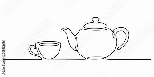 Obraz na płótnie Continuous single line drawing of a teapot and a tea cup for a simple kitchen ca