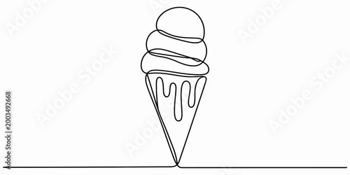 Single continuous line drawing of a delicious ice cream cone with melting scoops for summer food and dessert menu design art Vector, illustration