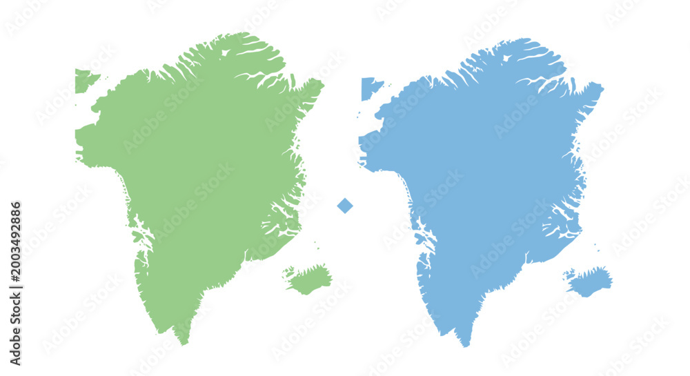 Obraz premium Two simple stylized flat maps of green and blue Greenland shapes isolated on white background