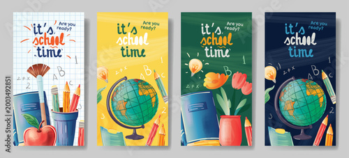 Back to school set templates, first day of school designs. Globe, pencils, notebook, light bulb, yellow background. School and office banners, vector illustration