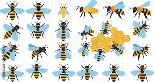 Colorful bees flying around yellow honeycomb cluster Vector