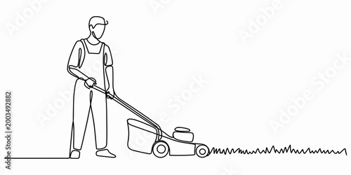 Continuous single line drawing of a man mowing the green grass with a lawn mower machine in a garden for summer yard maintenance Vector, illustration