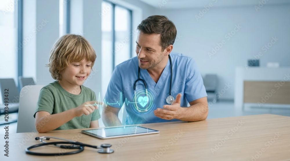 Obraz premium Friendly general practitioner interacting with happy child in modern clinic