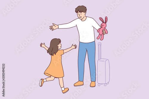 Father returning from a trip with a soft rabbit toy for his little daughter. Concept of warm family reunions, paternal love, and the joy of coming back home. Happy Father's Day