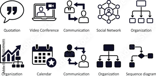 Business Communication and Organization Icon Set with Social Network Calendar Workflow and Sequence Diagram Symbols