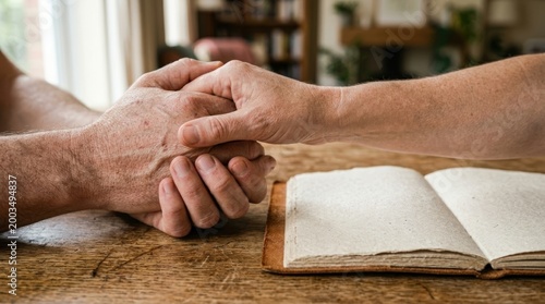 Two hands interlocked above plain wooden table with open book