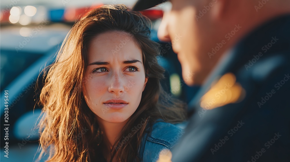 Fototapeta premium Worried young woman talking to a police officer during a traffic stop at sunset. Symbolizing legal anxiety, authority interaction, public safety, and accountability.