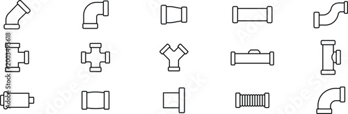 Pipe fitting outline icon set with plumbing connectors, Elbow joint valve and tube symbols, Industrial pipeline line collection