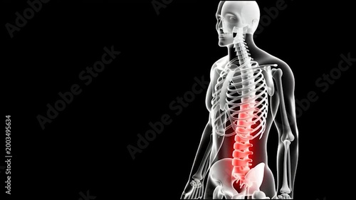 Wide Shot of Human Skeleton with Red Highlighted Spine and Pelvis