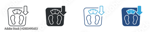 Weight loss icon set. scale with footprints and down arrow. diet and fitness concept. vector illustration.