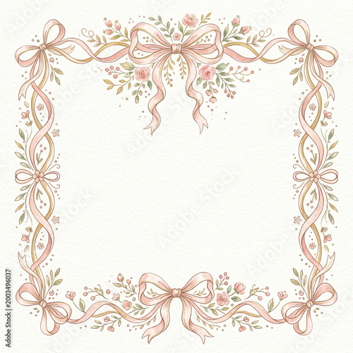 Coquette watercolor frame on a white textured background, perfect for invitations and greetings