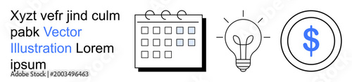 Business planning, innovation, financial growth, goal tracking, budgeting, entrepreneurship. Minimalistic calendar, light bulb and dollar symbol. Business planning and innovation concept