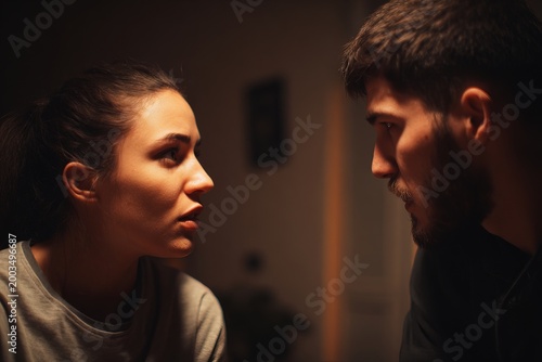 Man and woman staring at each other with tense expression in dark room during argument