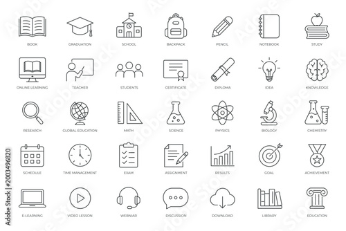 Minimal thin line education icon set with modern academic symbols