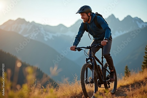 Man on an electric mountain bike, donning a helmet, cruising through mountain trails with stunning vistas in sight.
