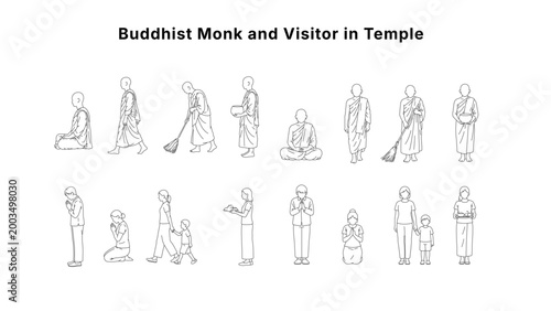 Minimal CAD Buddhist people drawings set with monks and worshippers in prayer, offering and daily activities, clean outline symbols for architectural plans and cultural layouts
