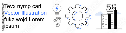 Technology, innovation, telecommunications, digital networking, process automation, business solutions. A gear, lightbulb with monetary signs and 5G symbol over buildings. Technology and innovation