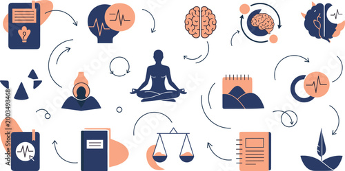 Set of Health, Wellness, and Mindfulness Vector Illustrations Featuring Brain, Meditation, Balance, Circulation, and Healing Concepts