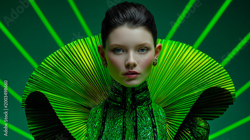 Fashion portrait of a model wearing a sculptural green dress with pleated textures and dramatic lighting on a dark background, avant-garde concept.