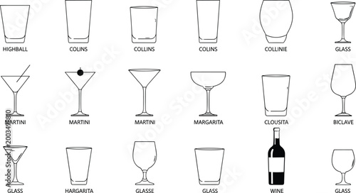 Collection of drinkware line drawings including wine bottle, martini glass, margarita, highball, collins, claret, saucer, cocktail glasses illustration designMobile