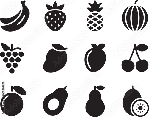 set of twelve black flat icon fruit and vegetable illustrations on white background