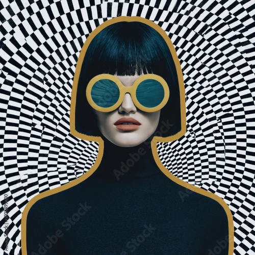 Modern optical illusion fashion: woman with bold sunglasses and psychedelic swirl background