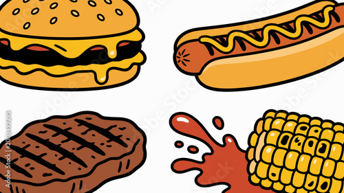 A vibrant illustration of burger ingredients. Ideal for menus, food blogs, or advertising fast food and dining options. Creates a playful, appetizing 