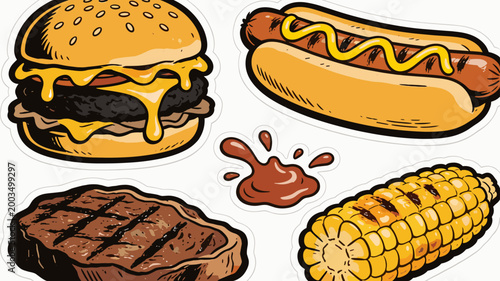 A vibrant and appetizing illustration featuring a classic burger and a grilled steak, ideal for food-related marketing, restaurant menus, and advertis