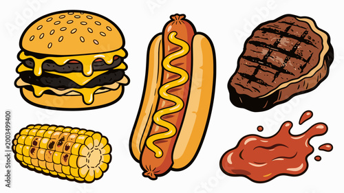 A vibrant, graphic illustration of a cheeseburger and corn on the cob. Ideal for food blogs, menus, or advertising fast food and summer dining options