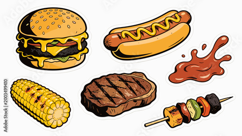 A vibrant illustration of a juicy burger with melted cheese and grilled corn, perfect for food blogs, restaurant menus, or summer-themed advertising c