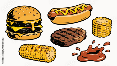 A vibrant illustration of a burger and corn, creating a playful and appetizing scene. Ideal for food blogs, restaurant marketing, or snack advertiseme