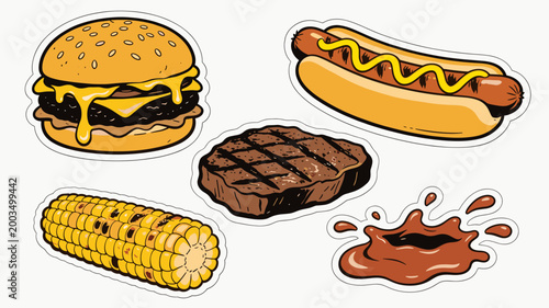 A vibrant illustration featuring a cheeseburger and corn on the cob. Perfect for food blogs, restaurant menus, or illustrating summertime dining conce