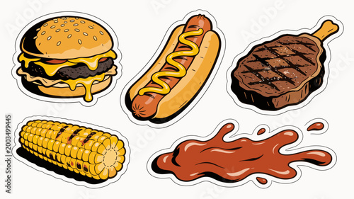 A vibrant illustration of a classic burger and corn on the cob. Perfect for food blogs, restaurant menus, or marketing campaigns focused on summertime