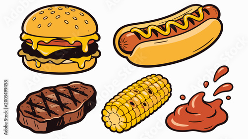 A vibrant illustration showcasing a classic cheeseburger and a perfectly grilled steak, ideal for menus, food blogs, and advertising campaigns promoti