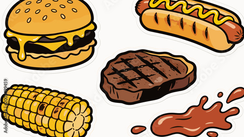 A vibrant and playful illustration featuring a cheeseburger and corn. Perfect for food blogs, summer promotions, or restaurant marketing materials.