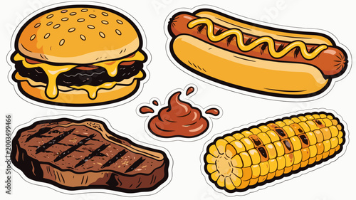 A vibrant illustration depicting a juicy burger and perfectly grilled steak. Ideal for restaurant menus, food blogs, and advertising campaigns promoti
