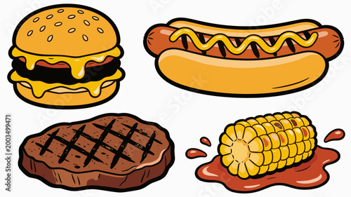 A vibrant illustration of a cheeseburger and a grilled steak, perfect for restaurant menus, food blogs, or advertising campaigns focused on indulgent 