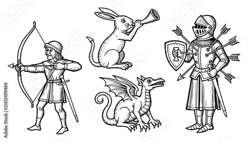 Medieval manuscript characters set, gothic knight archer dragon and rabbit illustrations, vintage middle ages line art