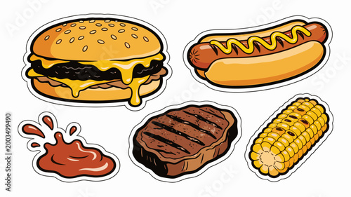 A vibrant and playful illustration of a burger with melting cheese and a ketchup splash. Perfect for menus, food blogs, or promotional materials relat