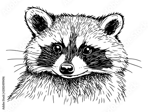 Raccoon head portrait illustration, cute forest animal face line art, vintage wildlife engraving drawing