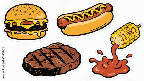 A vibrant illustration of a cheeseburger and grilled steak. Perfect for food blogs, restaurant menus, or advertising fast food and dining experiences.